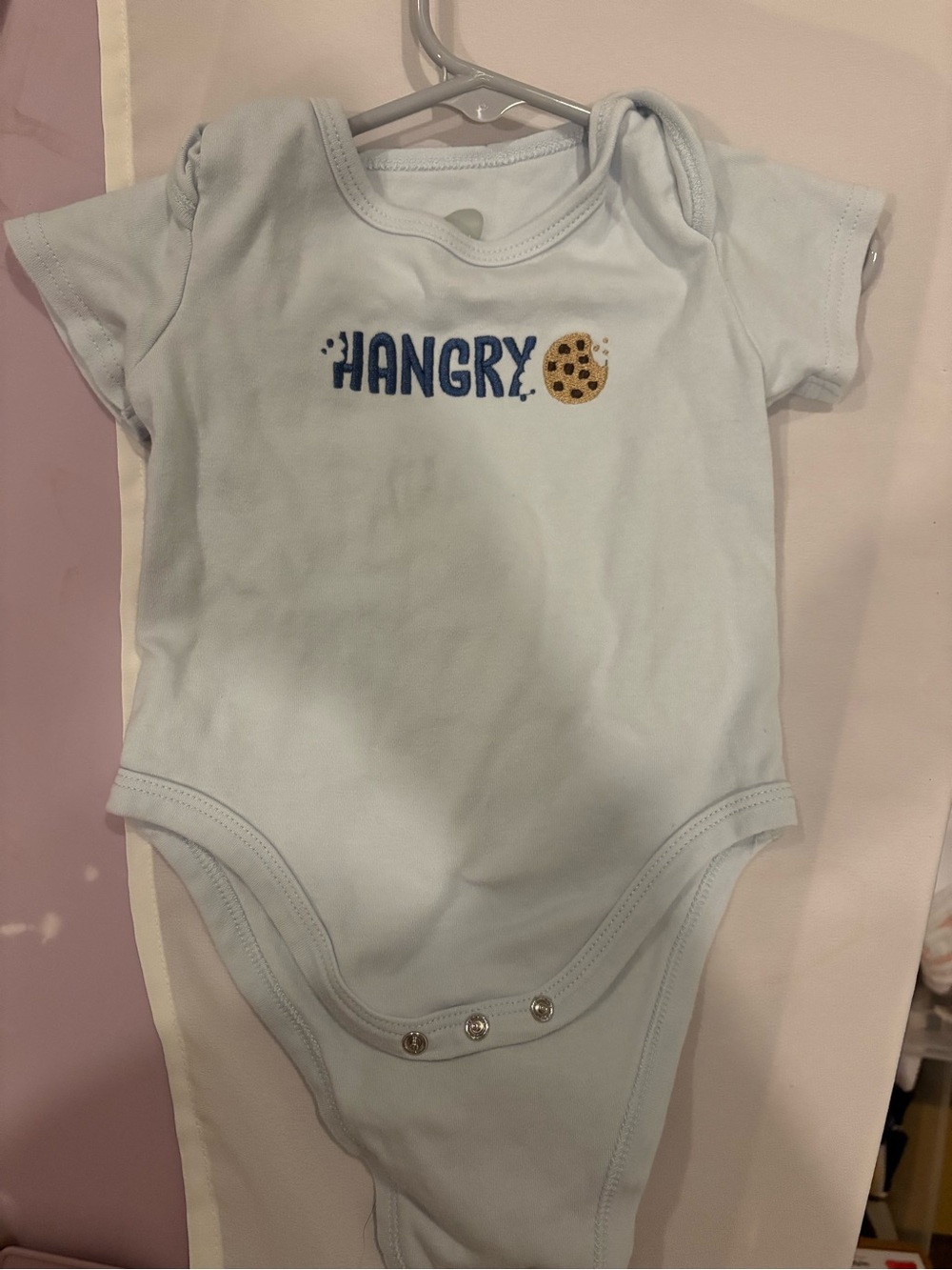Baby Bodysuit One-Piece in Light Blue with "Hangry" Cookie Graphic